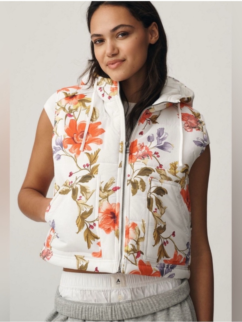 Anthropology Daily Practice Floral Sleeveless Puffer Vest With Hood
